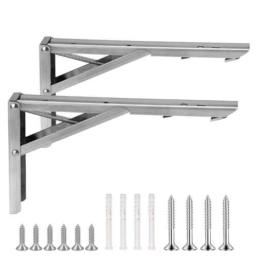 Fatiya 2 Pack Stainless Steel Folding Shelf Brackets, 10 Inch Folding Table Brackets Heavy Duty