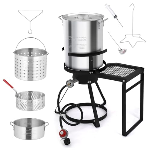 Bonnlo 30QT Turkey Fryer & 10QT Fish Fryer with 55 000 BTU Propane Burner Outdoor Seafood & Crawfish Boiler with Steamer Basket & Thermometer Ideal for Crawfish Crab Shrimp Boiling and Deep Frying