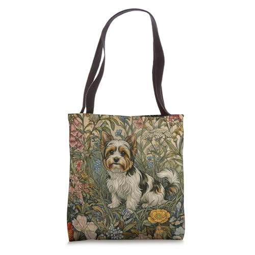 Bolso tipo tote con diseño de un Biewer Terrier dulce en un jardín inglés antiguo miniatura 1
