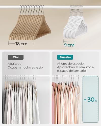Miniatura 4 de Songmics Perchas De Terciopelo, Juego De 50 Piezas, Antideslizantes, Ranuras Para Hombros, Barra Para Pantalones, Gancho Giratorio 360 , 0,6 Cm De Grosor, 43 Cm Largo, Blanco Clásico Crf029w05