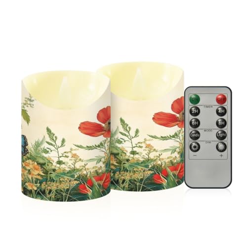 Ewusp Juego de 2 velas LED parpadeantes sin llama con diseño de mariposa de amapola, con control remoto y temporizador, para decoración del hogar, bodas, vacaciones, fiestas, centros de mesa