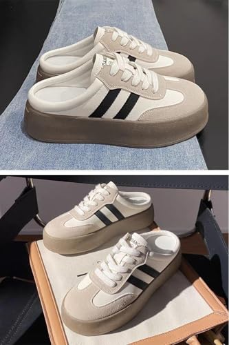 Backless Tennis Shoes for Women Wide Mule Sneakers Slip on Backless Sneakers Platform Canvas Mules Non Slip Chunky Thick Sole Lace Up Breathable Mesh Casual Walking Slides Lightweight Round Toe Girl2
