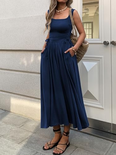 Image of Mieazom Women's Boho Summer Maxi Dress with Pockets, Adjustable Waist, Sleeveless Casual Ruched Sundress for Beach Vacation