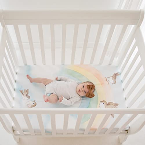 Image of Mini Crib Sheet, Pack n Play or Playard Crib Sheet by Rookie Humans: 100% Cotton Sateen. Use as a Photo Background for Your Baby Pictures. Fits Mini Crib Size (38x24 inches) (Rainbow & Birds).