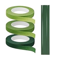 CANCYCC 3 Rollen Floristenband mit 100 Stück Grün Blumendraht, 12 mm Floristik Kreppband, Selbstklebend Blumenband Floristikdraht für Blumenstrauß Stiel Verpacken und Blumenhandwerk 27m/Rolle