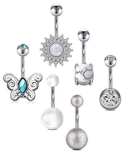 LAURITAMI Flower Belly Button Rings Surgical Steel Butterfly Belly Ring 14G Opal CZ Navel Piercings Jewelry for Women Girls 3/8