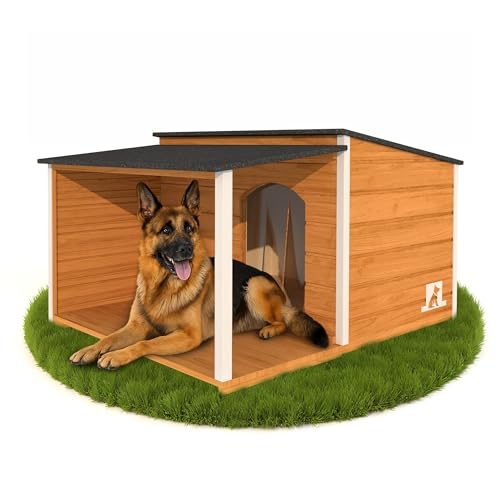 Outentin Hundehütte Isoliert Winterfest XL - Hundehaus mit Flachdach & Terrasse Für Große Hunde - Stabile Hütte für Draußen - Wetterfest Haus mit Wärmedämmung - 123 x 105 x 73 cm - Eiche