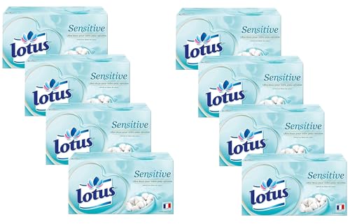 Lotus Sensitive 640 Mouchoirs Blancs, Doux et Résistants en Boîte (Lot de 8 Boîtes x 80 Mouchoirs) 4 épaisseurs pour plus de confort – Fabriqués en France- Offre Spéciale