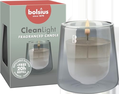 Bolsius - CleanLight Starter-Set – Nachfüllbare Duftkerze – Ständer & 1 Nachfüllpack – Grau – Cypress & Amber – Brenndauer von 20 Stunden – natürliche Extrakte & veganes Wachs