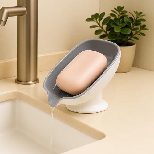 Leaf Shape Soap Saver with 3M Adhesive Self Draining Dish for Bathroom and Kitchen Wall Mounted Holder Keeps Bar Clean and Dry Extends Life of Soap Bars No Drilling Required Grey