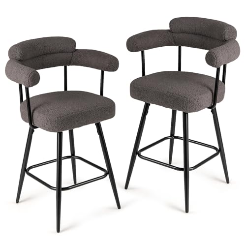 Juego de 2 butacos modernos para barra alta COSTWAY, con giro de 360°, tapizado en tela bouclé y respaldo curvo, patas metálicas, para isla de cocina o hogar (Gris + Negro) miniatura 1