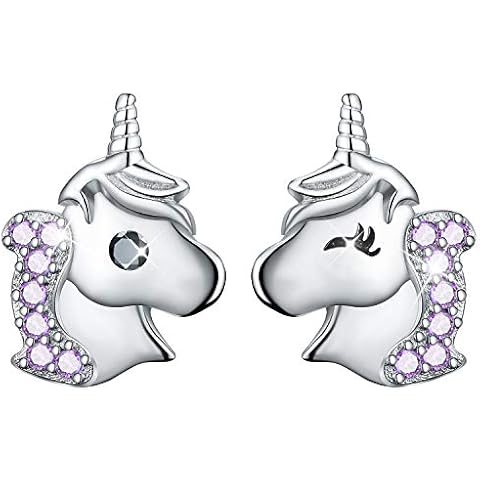Esberry 18K Gold Plating 925 Sterling Silver Stud Earrings Unicorn with Cubic Zirconia Asymmetry Earrings Hypoallergenic Earrings for Girls and Women (Purple) Cover