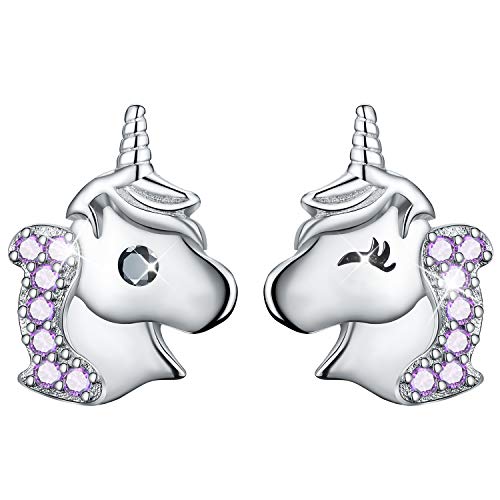 Winglove✦Cadeau Noel Femme✦Bijoux Femme, Boucles d'oreilles en argent sterling 925 plaqué or 14K Licorne avec boucles d'oreilles asymétriques en zircone cubique Cadeaux pour les enfants.(Purple)