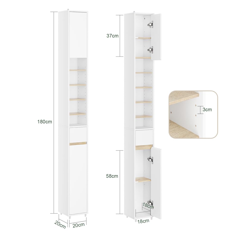 SoBuy Meuble Salle de Bain Colonne Salle de Bain 180cm Armoire de Rangement Étroite 20x20cm avec Étagères Réglables et Tiroir - Colonne Gain de Place pour WC, Lavabo, Buanderie Blanc BZR34-WN