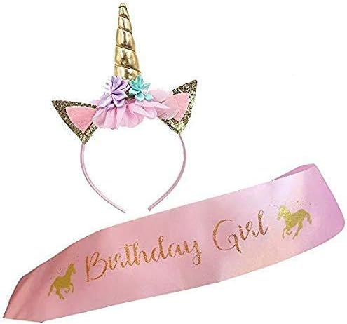 Rayking Unicorn Headband and Birthday Girl Sash Set, Gold Glitter Unicorn Horn & Pink Satin Sash for Unicorn Birthday Girl Set Happy Birthday Party Supplies Favors and Decorations