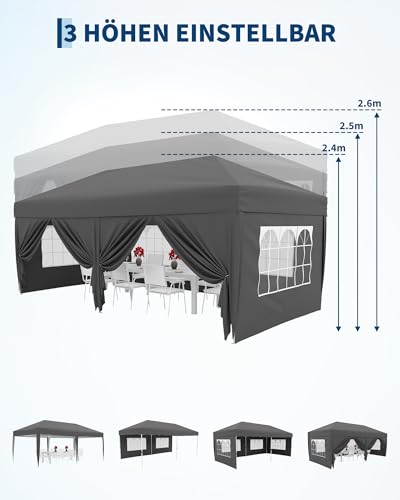 Faltpavillon 3x6 m wasserdicht stabil mit 6 Seitenwänden – Pop up Pavillon faltbar aus 420D Oxford, UV-Schutz 50+, 3-Fach höhenverstellbar, Partyzelt mit Tragetasche für Garten & Outdoor Grau