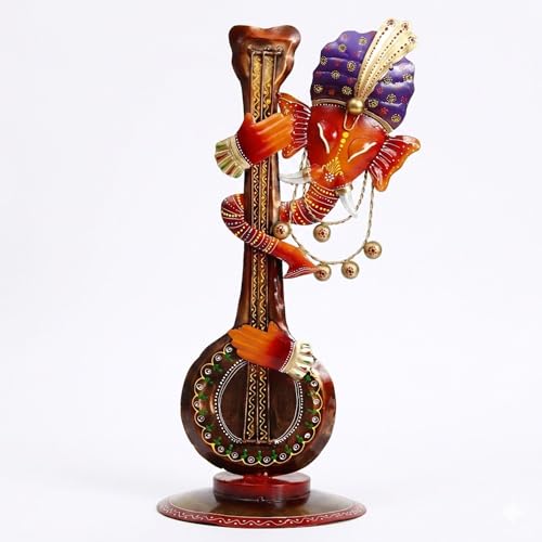 Image of Handcrafted Ganesha with Veena Decorative Showpiece, Multicolour, Metal, 54 x 20 CM
