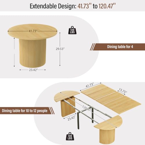 Image of weselon 42 inch-120 inch Extendable Dining Table for 4-14, Expandable Oval Dining Room Table with Fluted Pedestal Base & Reinforced Metal Support Leg, Extra Large Modern Kitchen Table (Natural)