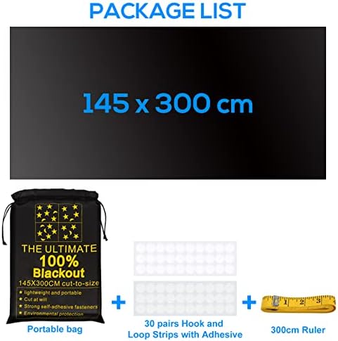BESSIO Portable Blackout Blinds, 100% Black Out Stick Blind for Any Window Size, 300x145cm Temporary Blackout Blinds with 30 Self Adhesive Fasteners, Travel Blackout Blind for Bedroom Nursery