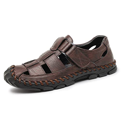 Men Casual Sandals Genuine Leather Mens Slippers Mens Leather Sandals(Dark Brown,8.5code)