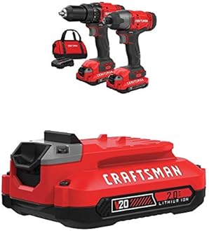 CRAFTSMAN V20 Cordless Drill Combo Kit, 2 Tool with EXTRA Lithium Ion Battery, 2.0-Amp Hour (CMCK200C2 & CMCB202)
