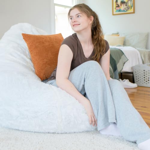 Image of Big Large Teardrop Foam Filled Bean Bag Chair with Removable Cover, Ivory Short Shag, 4 feet Big | Premium Shredded Foam Filled, Short Shag, Adult-Sized Comfortable Seating, Supports Up to 300 lbs, Perfect for Reading Nook