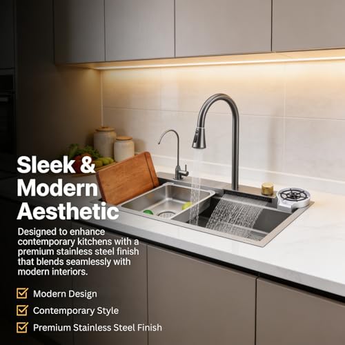 Image of Wallace 304 Grade Silver Single Bowl Multifunction Kitchen Sink 24 x 18 x 10 Inch | Stainless Steel Workstation Sink with Integrated Waterfall Cup Washer Drain Basket RO Tap & Pull Down Faucet
