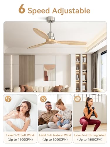 Image of Sofucor 52 Inch Solid Wood Ceiling Fans no Light, Works with App /Alexa /Google, Dimmable 6-Speed Outdoor Ceiling Fan with Remote for Indoor Bedroom Living Room Outdoor Patio Porch
