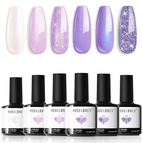Image of modelones Cat Eye Gel Nail Polish Set Glitter 6Colors Purple Violet Sparkle
