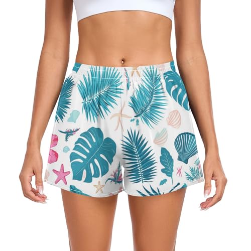 EtherSpher Tropical Red Flowers Palm Leaves Starfish Bright Turquoise Athletic Shorts for Women Loose&Comfy Lady Yoga Shorts for Biking Surfing Vacation Swim Party Short para Mujer L
