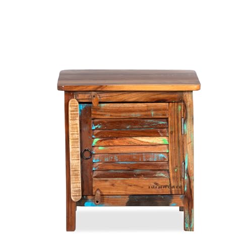 Image of Wooden Bedside Table for Bedroom | Solid Wood Bedside Table with Drawers | Corner Side Table for Living Room | Traditional Handcrafted Furniture for Home Decor (Reclaimed)