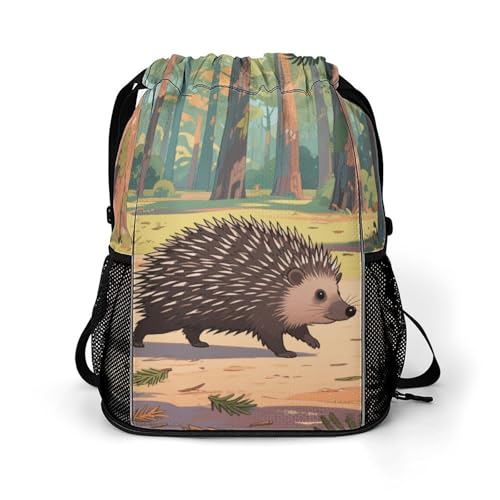 Small Gym Bag Porcupines in The Coniferous Forests Printed Drawstring Gym Bag for Men Lightweight Waterproof Drawstring Backpack for Women with Shoe Compartment for Travel Tourism Work And Fitness