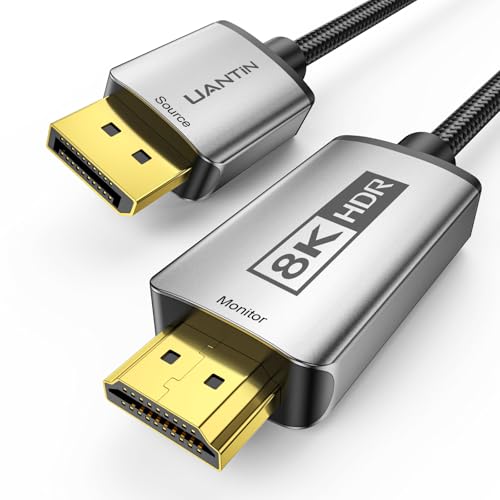 UANTIN 8K DisplayPort 1.4 to HDMI 2.1 Cable 6FT 4K 120Hz/8K 60Hz, Unidirectional DP to HDMI Adapter Cord, 32.4Gbps, HDR10, HDCP2.3, Display Port for AMD, NVIAID, Not Work with PS5/Xbox, No VRR Support