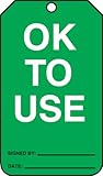  Accuform Signs MGT217CTP Lot de 25 étiquettes d\'enregistrement de statut Légende « OK to use », 14,6 cm de long x 8,3 cm de large x 0 cm d\'épaisseur, papier cartonné PF, blanc sur vert