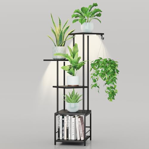 Image of Homsorout Plant Stand Indoor with Grow Light - 5-Tier Metal Plant Shelf with Hanging Basket Hook, Corner Tall Flower Holder for Multiple Plants, Living Room Balcony Garden Patio, Black