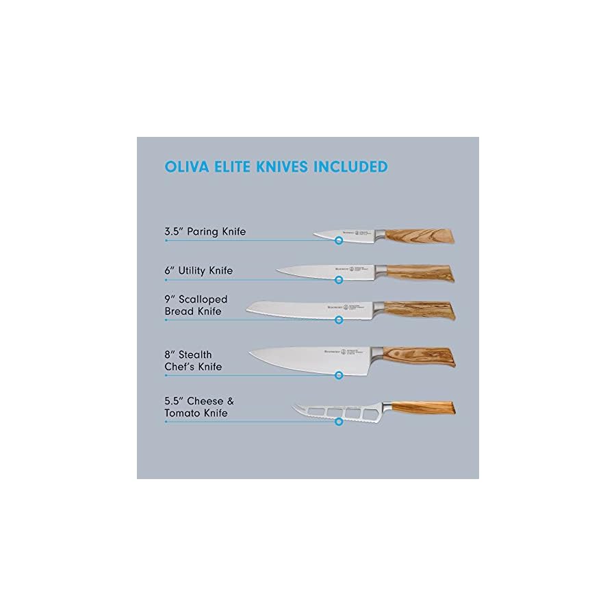 Messermeister Oliva Elite 6-Piece Magnet Block Set - Includes Chef’s, Bread, Cheese & Tomato, Utility & Paring Knife + Magnet Block
