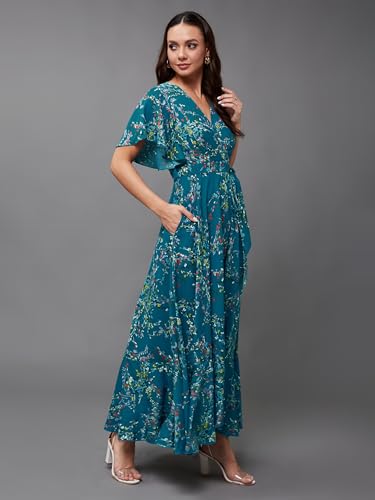 Image of Miss Chase Women's Multicolored-Base-Brown Relaxed Fit Maxi Lurex Chiffon Dress