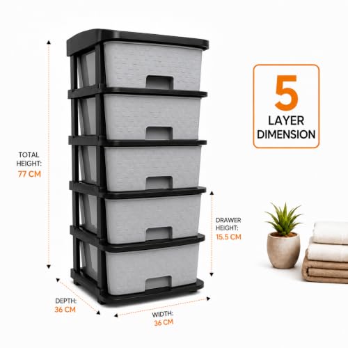 Image of Jefa Plastic Modular Drawer Storage Organizer | Multipurpose Storage Chest with Anti-Slip Design | Large Capacity Drawer Rack for Clothes, Shoes, Office & Home Use (Grey, 5)
