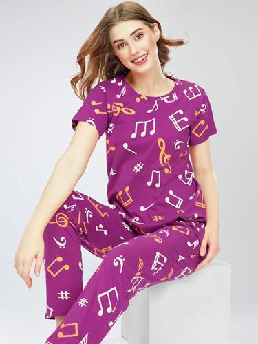 Image of VJ Fashion Women's Cotton Lycra Printed & Knitted Round Neck Night Wear Set of Top and Pazama
