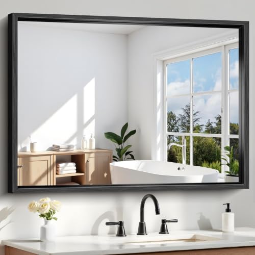 Image of Black Rectangle Mirror, 48 x 36 Inch Large Bathroom Mirrors for Over Sink, 0.6 inch Thickened Deep Frame Rectangular Wall Mirror, Brushed, Tempered Glass, Antirust, Horizontally /Vertically