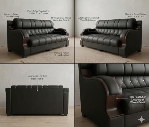 Image of 3-Seater Sofa with Tufted Black Leatherette Upholstery, Wooden Arm Accents, Living Room