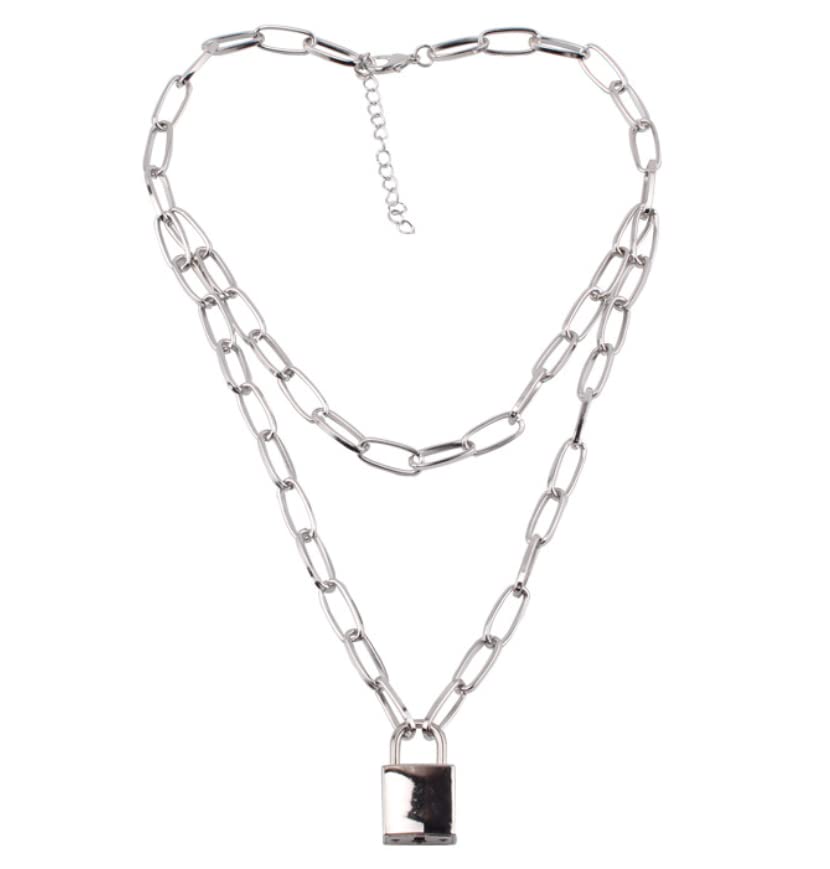 Leuke Eenvoudige Ketting Link Lock Ketting Hanger Vrouwen Zilver Kleur Mode Goth Sieraden Party Punk Collier Lange Ketting Gift-Blauw Verzinkt