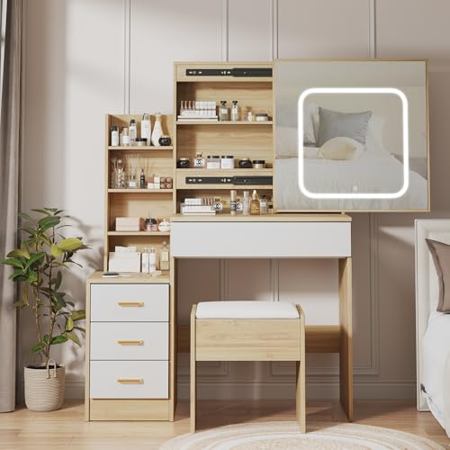 Garvee Vanity Desk with Sliding LED Mirror, Makeup Dressing Table with 4 Drawers, Storage Shelve, Power Outlet & Cushioned Stool, Adjustable 3 Lighting Modes, Modern Vanity Set for Bedroom,