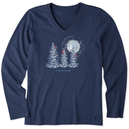 Life is Good Women's Crusher Tee, Long Sleeve Cotton Graphic T-Shirts, Snowy Pines with Cardinals
