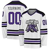 Custom Name Team Logo Number White Purple-Black Hockey Jersey, Customized Personalized Team Name Number V-Neck Sports Hockey Jersey for Men Women Youth