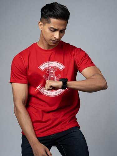 Image of T-Shirt for Men - 100% Cotton Ladakh Motorcycle Rider Half Sleeve Round Neck Graphic Print | Regular & Oversized Fit | 180 /220 GSM | S-5XL | Black, Navy Blue, Olive, Red, White