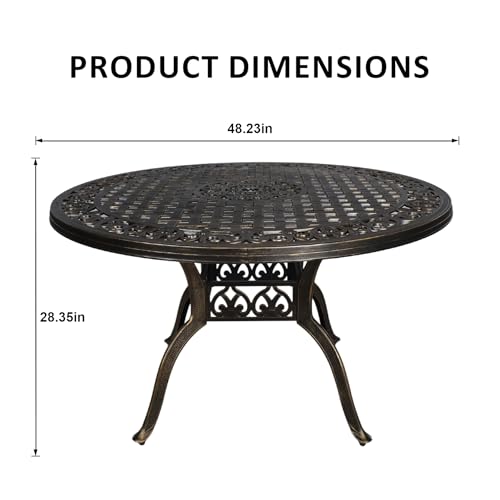 Image of 48 Inch Outdoor Dining Table Round Patio Table Powder-Coated Cast Aluminum Frame for Garden with Umbrella Hole (Bronze)