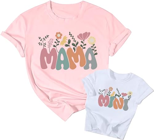 Mini camisas a juego para mamá y yo, trajes para madre e hija, lindos gráficos florales para mamá, Rosa(mama), X-Large