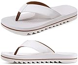 ONCAI Flip Flops for Men, Mens Summer Beach Sandals with Faux Leather Straps and Comfort Cushion Yoga Mat, Arch Support and Non Slip Soles 2025 White US Size 11