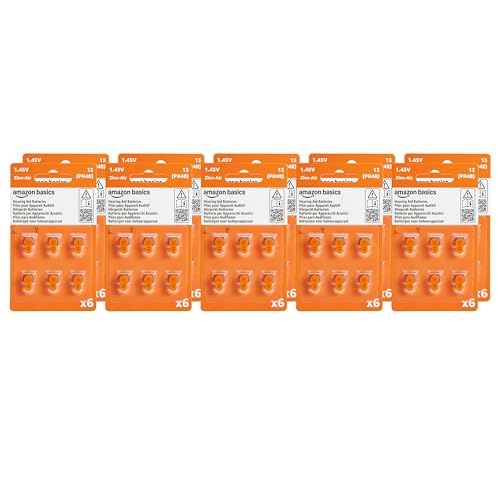 Amazon Basics Paquete de 60 pilas, tamaño 13, para audífonos, zinc aire, 1,45 voltios, pestaña naranja, vida útil de 4 años, Paquete seguro para niños (usa tijeras para abrirlo)